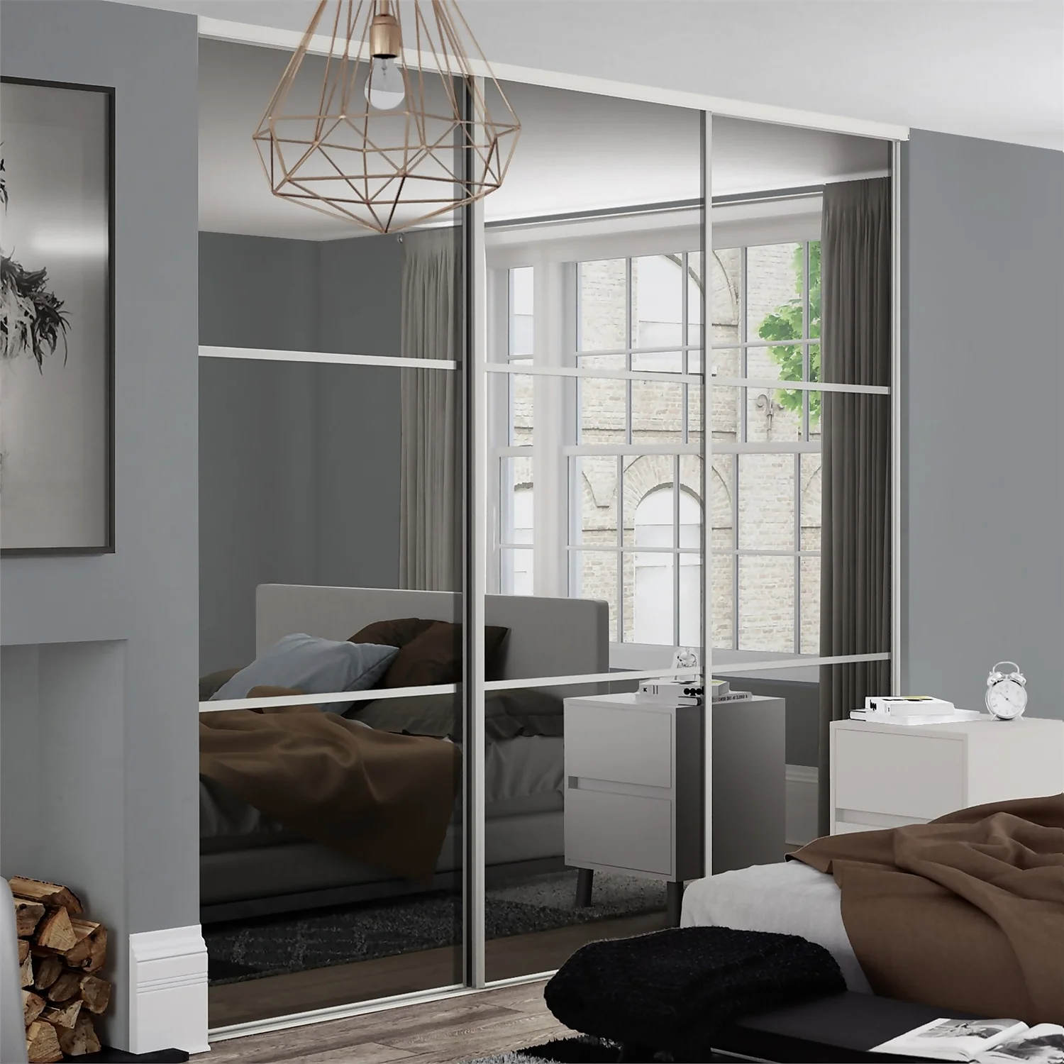 Linear Sliding Wardrobe Door 3 Panel Mirror With White Frame (W)762mm 2 Linear Sliding Wardrobe Door 3 Panel Mirror With White Frame (W)762mm - Image 2