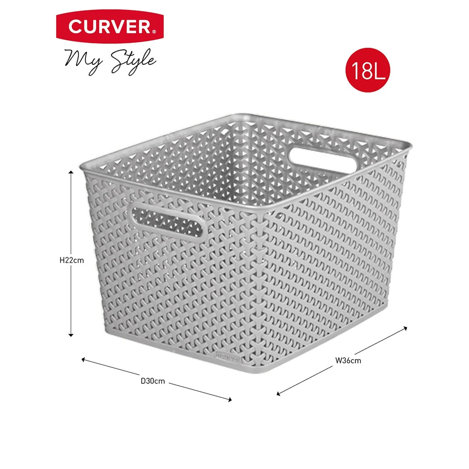 Curver My Style Large Rectangular Plastic Storage Basket - Grey - 18L 2 Curver My Style Large Rectangular Plastic Storage Basket - Grey - 18L - Image 2