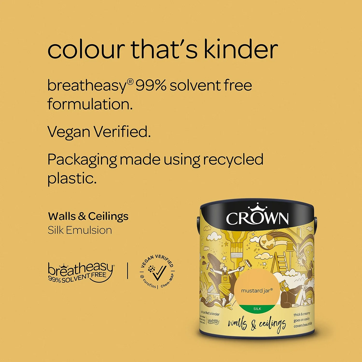 Crown Walls & Ceilings Silk Emulsion Paint Mustard Jar - 2.5L 5 Crown Walls & Ceilings Silk Emulsion Paint Mustard Jar - 2.5L - Image 5