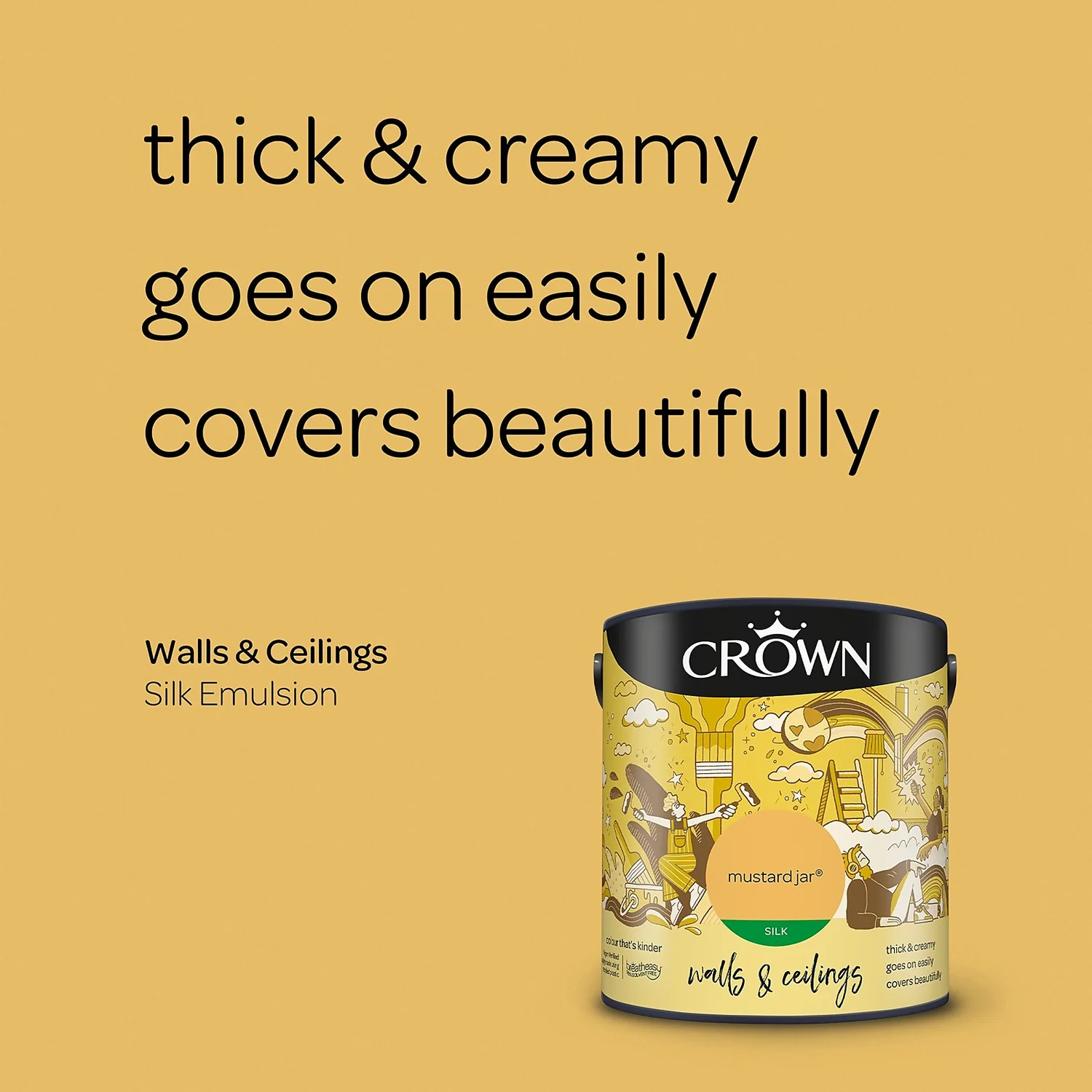Crown Walls & Ceilings Silk Emulsion Paint Mustard Jar - 2.5L 4 Crown Walls & Ceilings Silk Emulsion Paint Mustard Jar - 2.5L - Image 4