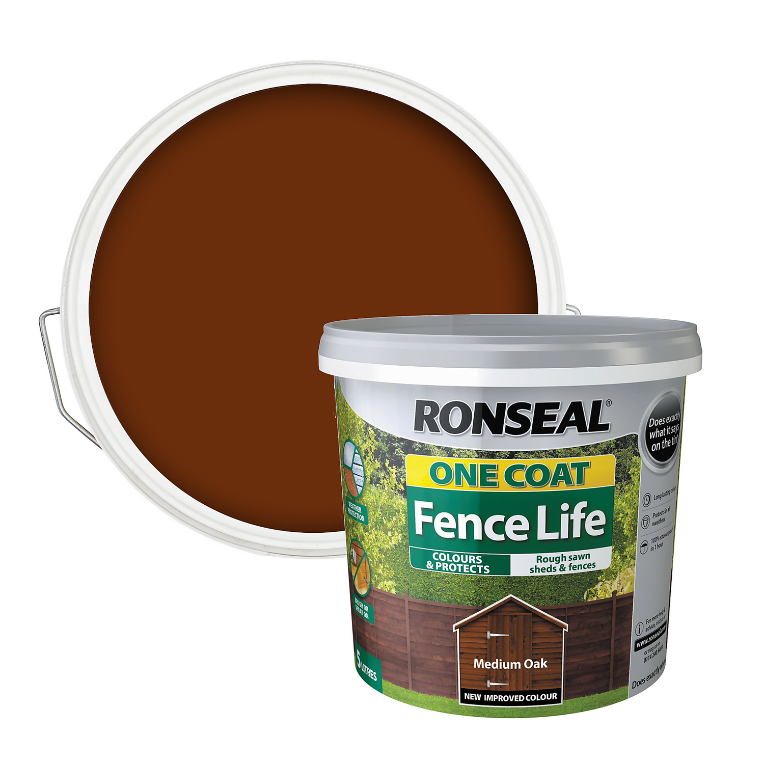 Ronseal One Coat Fence Life Paint Medium Oak - 5L 1 Ronseal One Coat Fence Life Paint Medium Oak - 5L