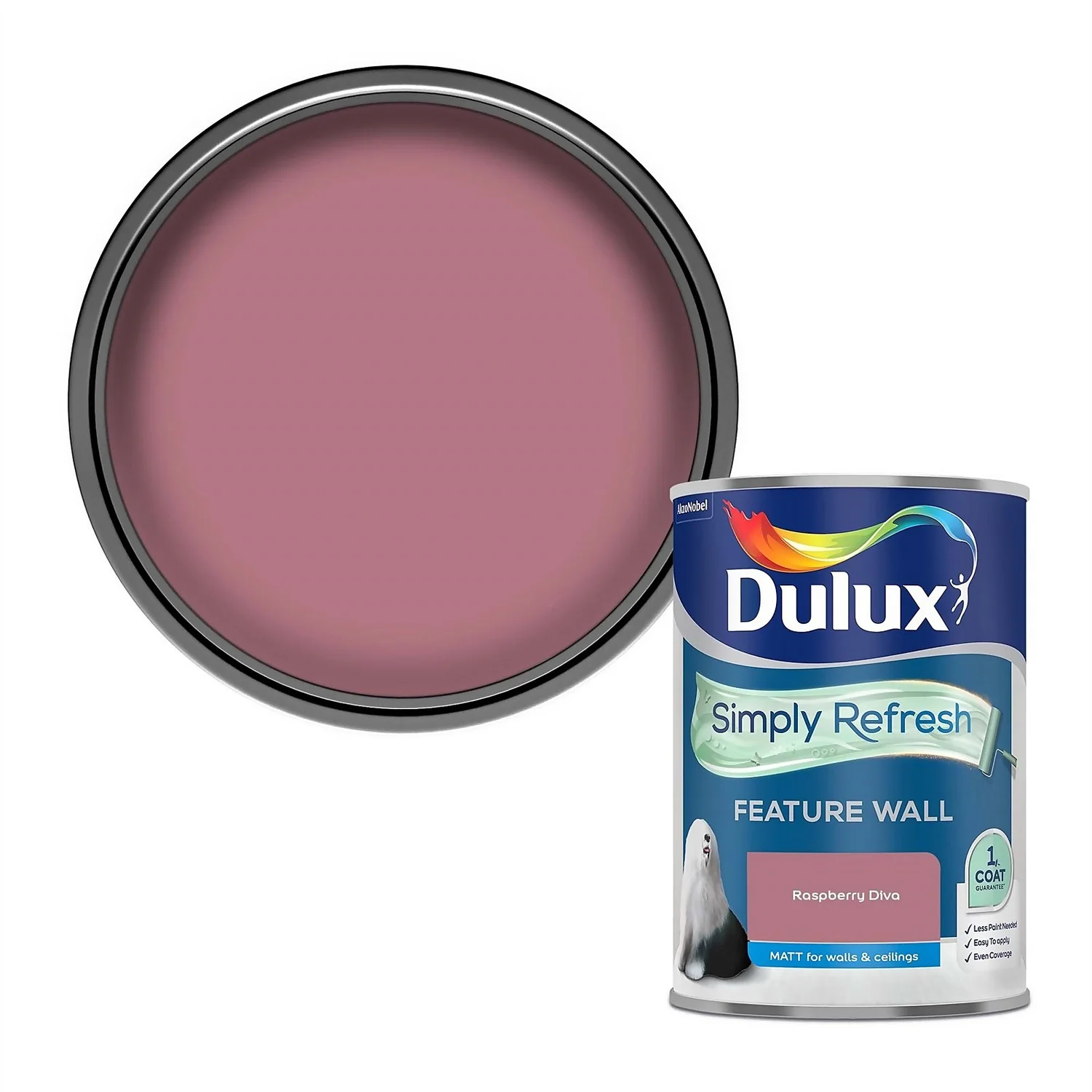Dulux Simply Refresh Feature Wall One Coat Matt Emulsion Paint Raspberry Diva - 1.25L 1 Dulux Simply Refresh Feature Wall One Coat Matt Emulsion Paint Raspberry Diva - 1.25L