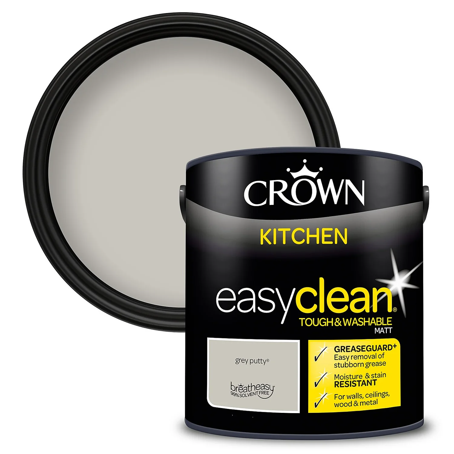 Crown Easyclean®Greaseguard+ Kitchen Matt Washable Multi Surface Paint Grey Putty® - 2.5 L 1 Crown Easyclean®Greaseguard+ Kitchen Matt Washable Multi Surface Paint Grey Putty® - 2.5 L