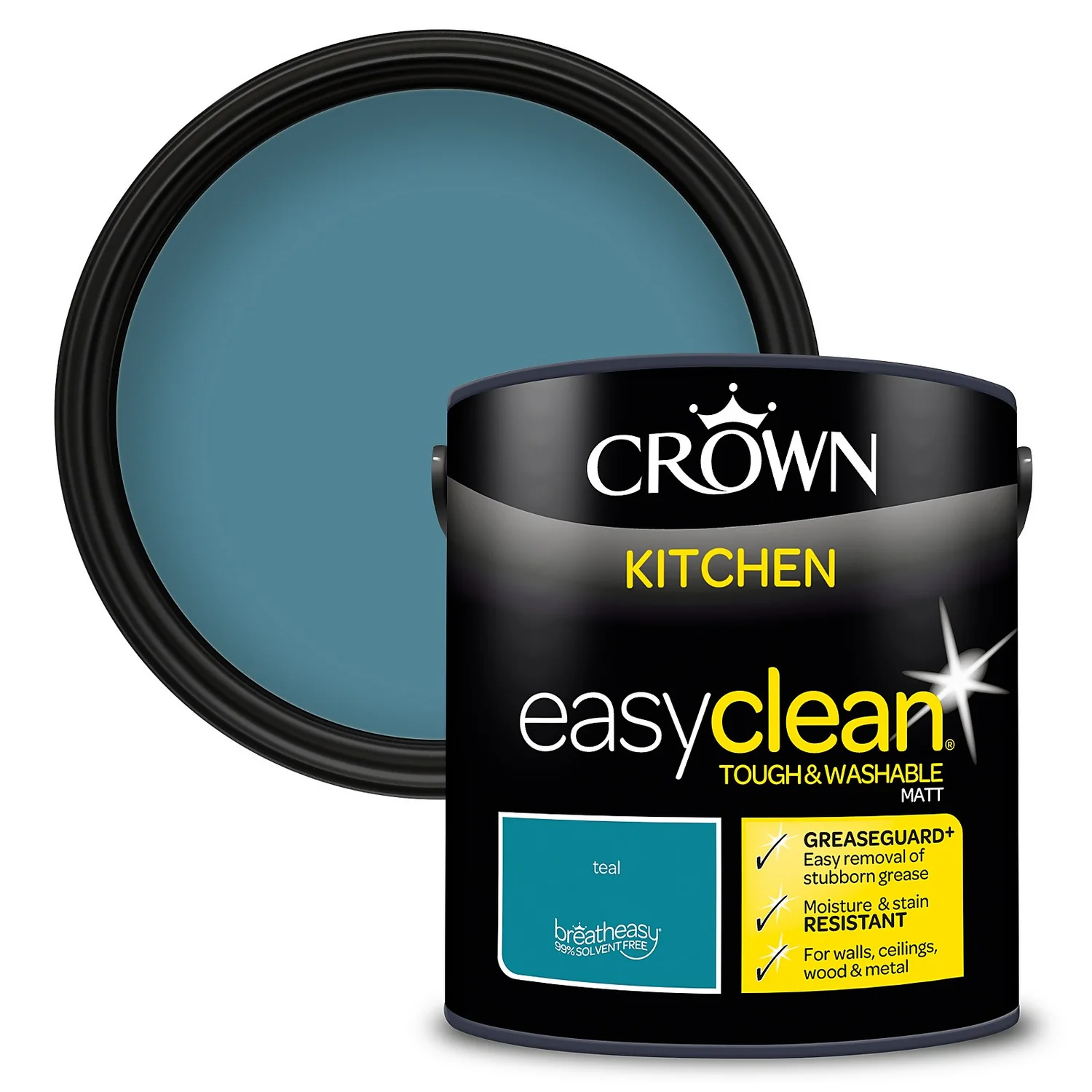 Crown Easyclean®Greaseguard+ Kitchen Matt Washable Multi Surface Paint Teal® - 2.5L 1 Crown Easyclean®Greaseguard+ Kitchen Matt Washable Multi Surface Paint Teal® - 2.5L
