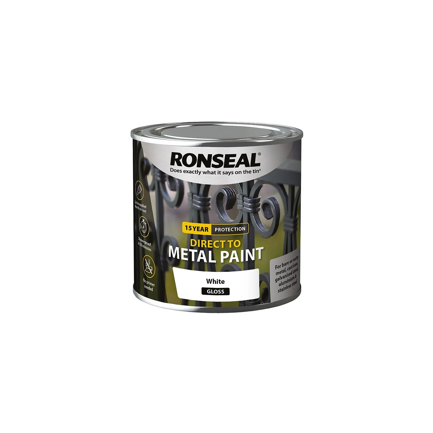 Ronseal Direct Metal Paint White Gloss 250ml 1 Ronseal Direct Metal Paint White Gloss 250ml