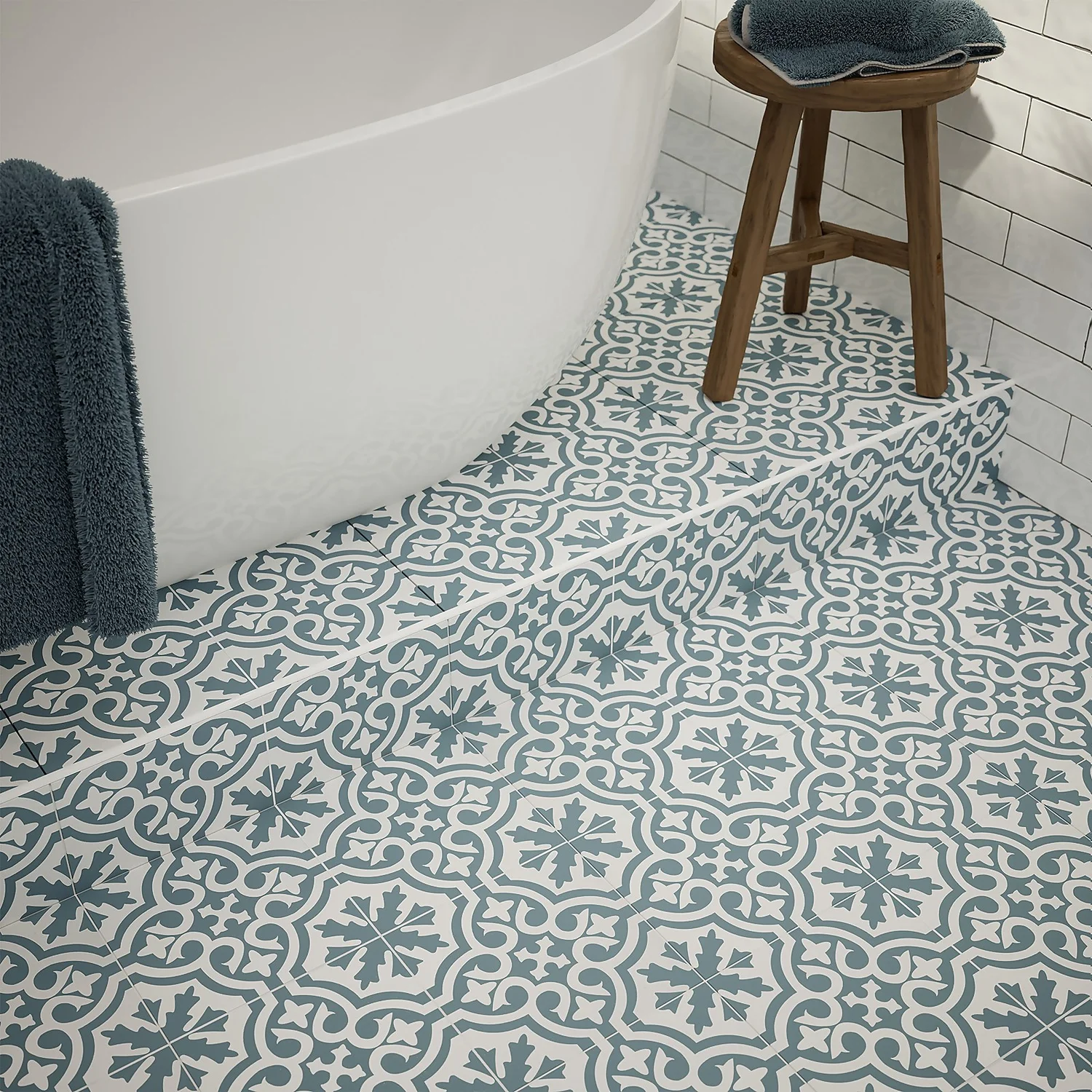 Fiore Teal / White Victorian Pre-scored Porcelain Wall & Floor Tile 450 X 450mm - 1.42sqm Pack 5 Fiore Teal / White Victorian Pre-scored Porcelain Wall & Floor Tile 450 X 450mm - 1.42sqm Pack - Image 5