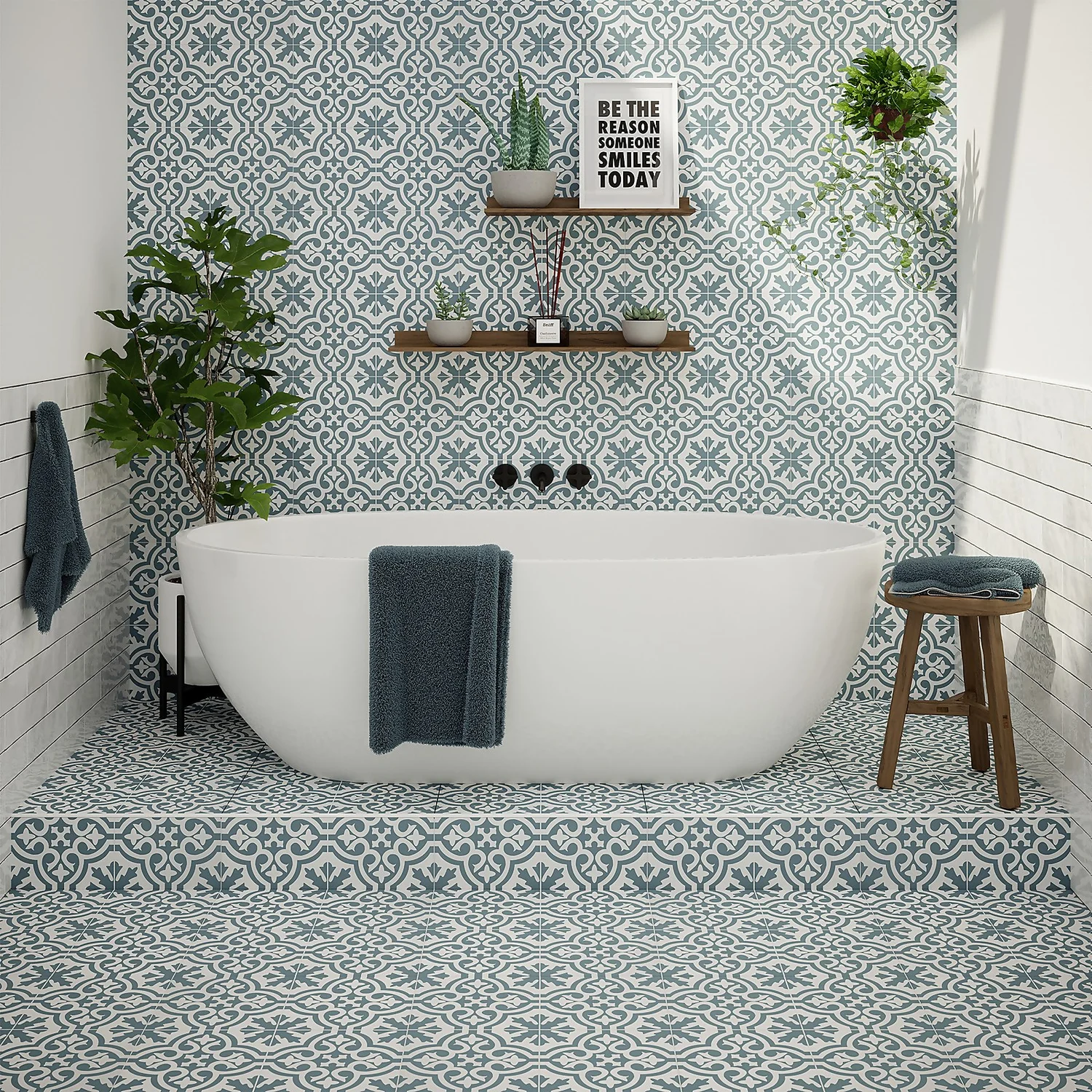 Fiore Teal / White Victorian Pre-scored Porcelain Wall & Floor Tile 450 X 450mm - 1.42sqm Pack 7 Fiore Teal / White Victorian Pre-scored Porcelain Wall & Floor Tile 450 X 450mm - 1.42sqm Pack - Image 7