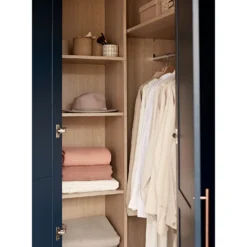 House Beautiful Realm Fitted Look Corner Wardrobe, Oak Effect Carcass - Navy Blue Shaker Doors (W) 1103mm X (H) 2256mm -Outlet Home Harmony Store 13999801 1385036420733423