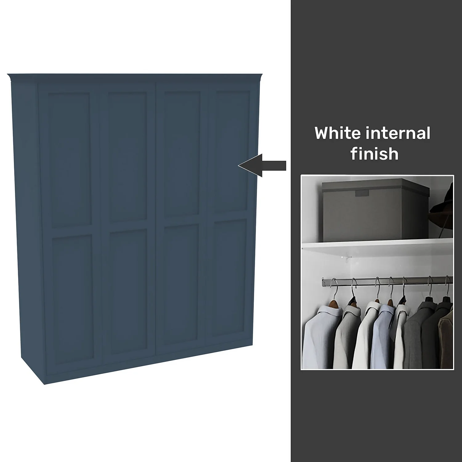 House Beautiful Realm Fitted Look Quad Wardrobe, White Carcass - Navy Blue Shaker Doors (W) 1901mm X (H) 2256mm 1 House Beautiful Realm Fitted Look Quad Wardrobe, White Carcass - Navy Blue Shaker Doors (W) 1901mm X (H) 2256mm