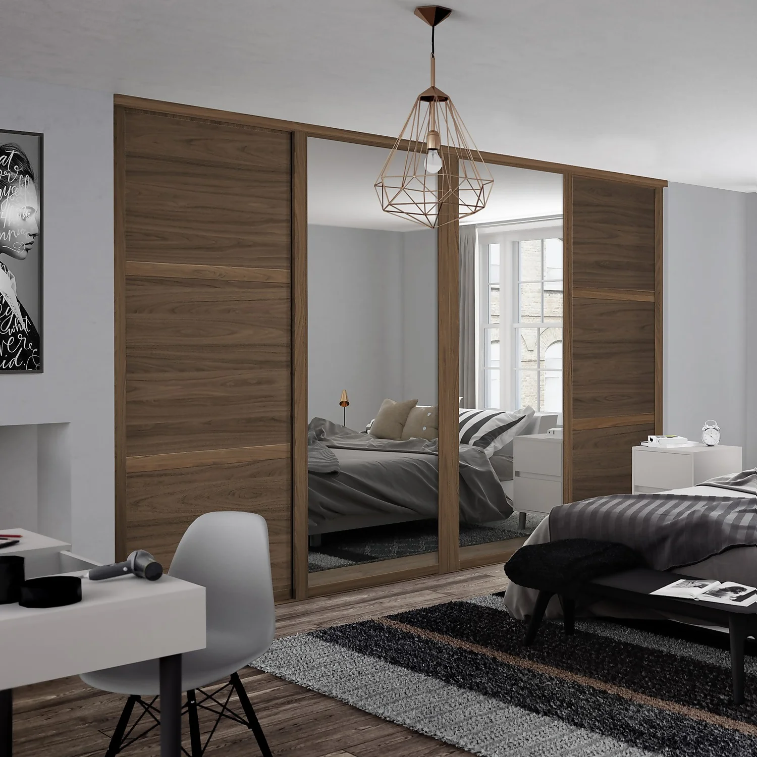 Shaker 4 Door Sliding Wardrobe Kit Walnut Panel / Mirror With Walnut Frame (W)3506 X (H)2260mm 2 Shaker 4 Door Sliding Wardrobe Kit Walnut Panel / Mirror With Walnut Frame (W)3506 X (H)2260mm - Image 2