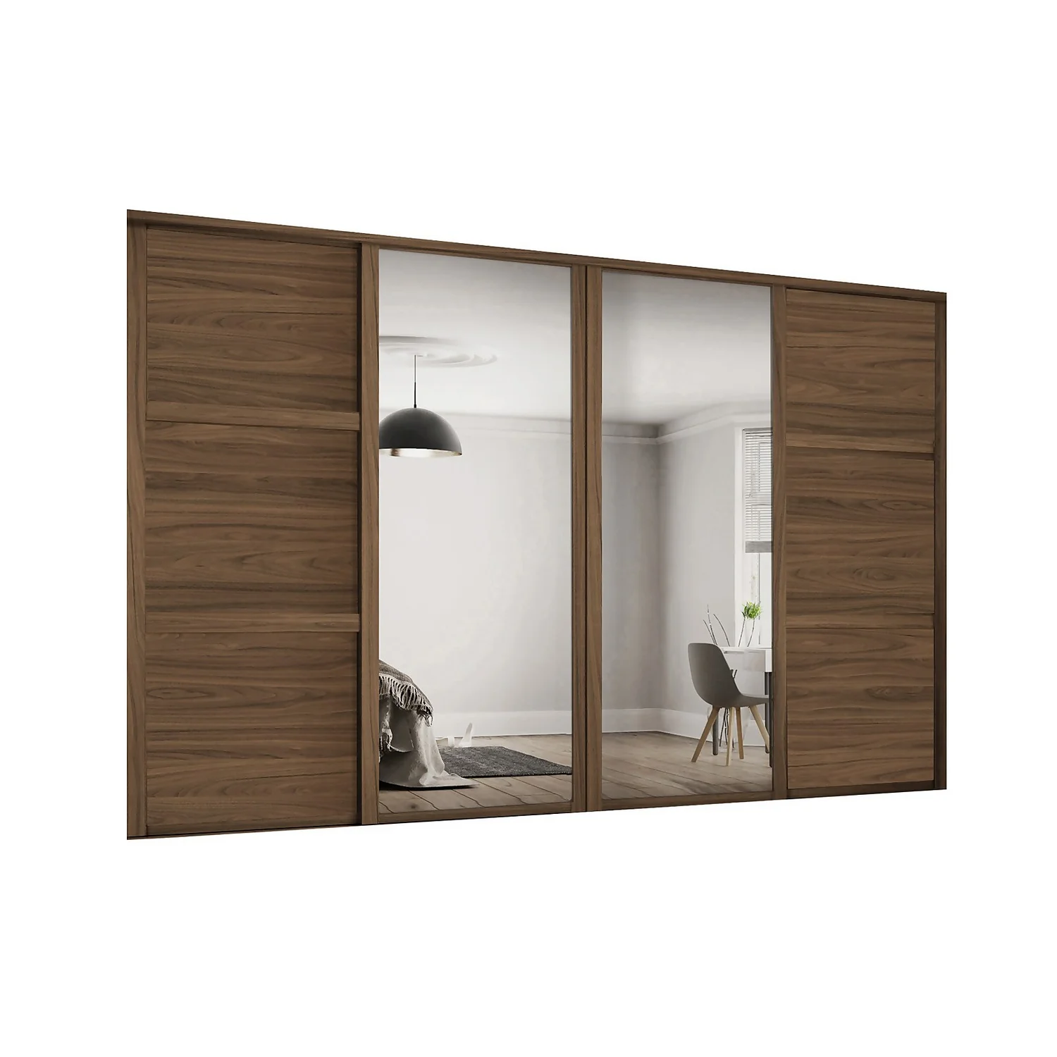 Shaker 4 Door Sliding Wardrobe Kit Walnut Panel / Mirror With Walnut Frame (W)3506 X (H)2260mm 1 Shaker 4 Door Sliding Wardrobe Kit Walnut Panel / Mirror With Walnut Frame (W)3506 X (H)2260mm